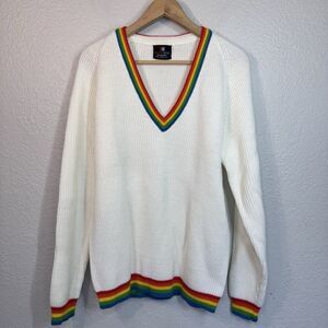 White Stag Sweater Men L VTG Ivory Rainbow Trim Rib Knit Heavy Retro Pride 80s